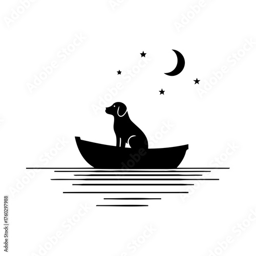 Vector art of dog sitting in boat under moon and stars
