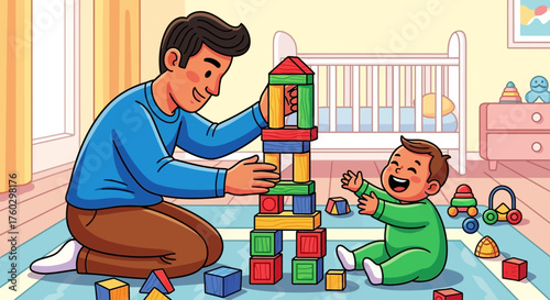 Loving father and his happy baby son playing with colorful building blocks in the nursery