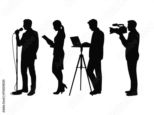 Black silhouettes of reporters and camera operator journalist microphone