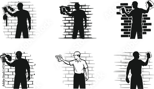 Black and White Icon Set of Construction Workers Carrying Rebar or Steel Bars, Laborers Hauling Heavy Reinforcement Materials for Concrete Structures, Industrial Vector Silhouettes.