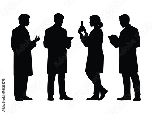 Black silhouettes of scientists in lab coats holding equipment researchers