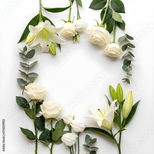Minimalist condolence floral flat lay with white flowers on clean background, perfect for sympathy cards, memorial posters, or elegant condolence design templates