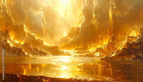 A fantastical landscape bathed in golden light, reflective water at the base, creating a glowing, otherworldly environment