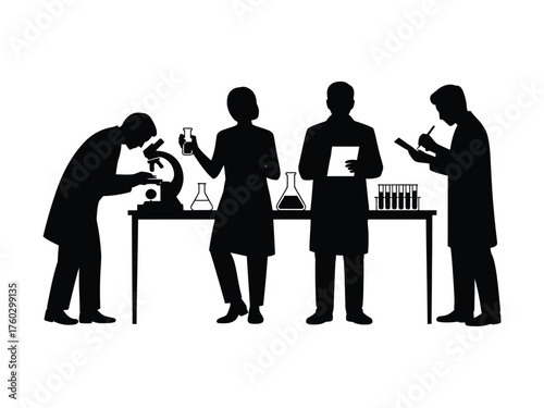 Black silhouettes of scientists in laboratory research experiment