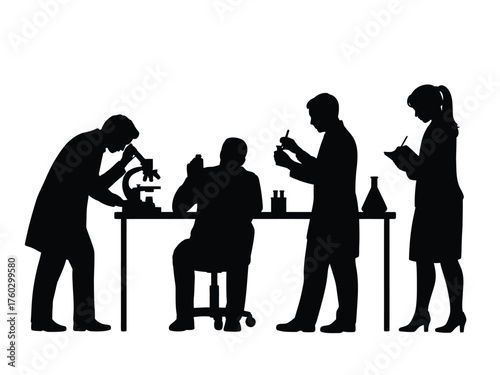 Black silhouettes of scientists working in a laboratory research experiment
