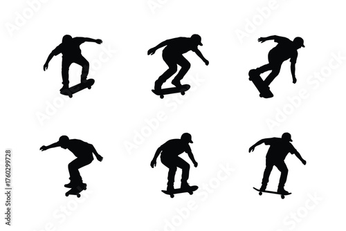 Black silhouettes of skateboarders performing tricks white action