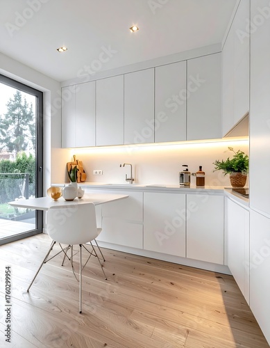 Bright, modern white kitchen with light wood floor