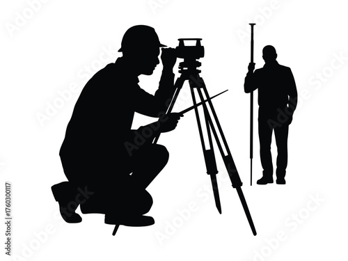 Black silhouettes of surveyors with equipment engineer construction
