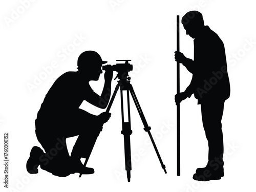Black silhouettes of surveyors with equipment tripod measuring pole