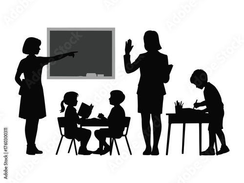 Black silhouettes of teachers and students in a classroom blackboard desk