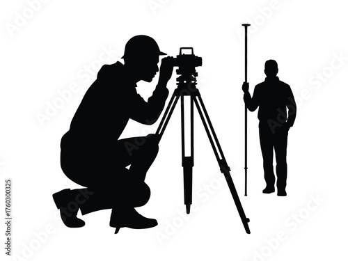 Black silhouettes of surveyors with surveying equipment engineer construction