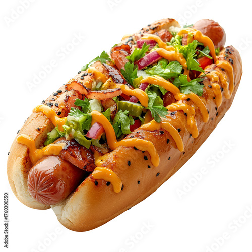 Appetizing loaded hot dog with toppings