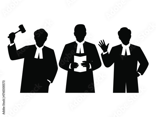 Black silhouettes of three judges in robes court gavel
