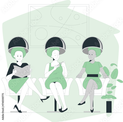 Three women sitting under hair dryers in a salon reading and doing nails Keywords: salon, hair salon, beauty salon, women, girls, ladies, sitting, chairs, hair dryers, hooded dryers, reading