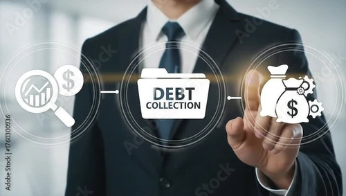 Debt collection business finance concept. Collector or bailiff using virtual touch screen push inscription DEBT COLLECTION