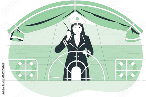 Female ship captain steering a ship with a radio and lifebuoys on a calm sea Keywords: ship captain, female, woman, steering wheel, ship, boat, nautical, maritime, captain, uniform, hat, radio