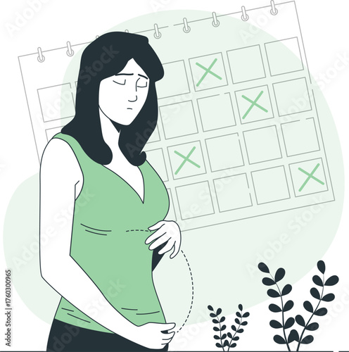 Pregnant woman holding her belly with a calendar showing crossed days Keywords: pregnant, woman, pregnancy, belly, holding, calendar, days, crossed, marks, waiting, expectant, mother, baby, child