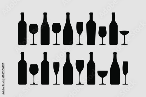 Black silhouettes of wine bottles and glasses on a light gray background wine glasses minimalist