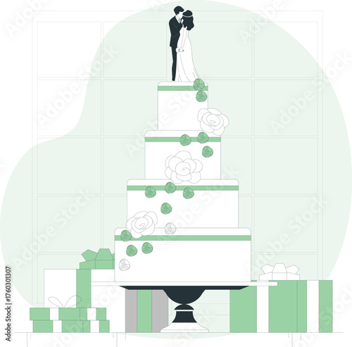 Wedding Cake with Bride and Groom Topper and Gift Boxes celebration event