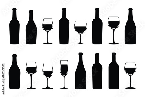 Black silhouettes of wine bottles and glasses wine glasses beverage containers