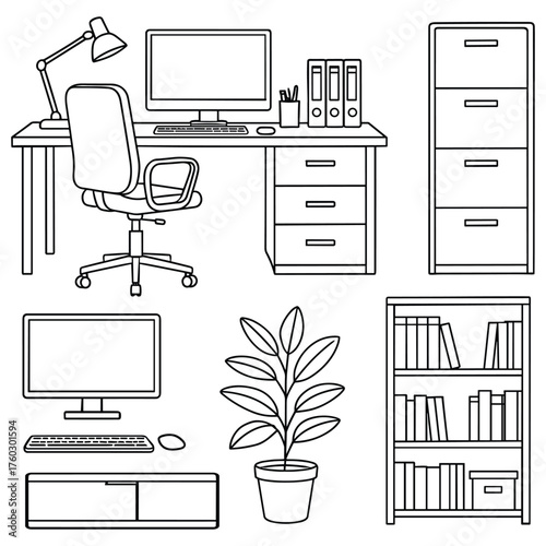 Office Desk Workspace Line Art