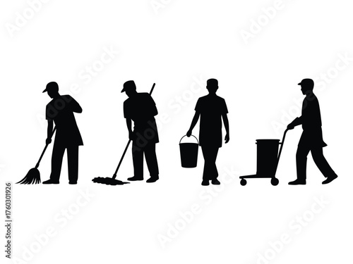Black silhouettes of workers cleaning with brooms mops and carts janitors sweeping