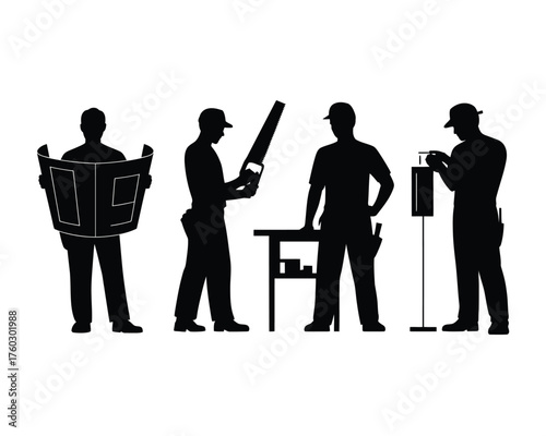Black silhouettes of woodworkers with tools and blueprints vector