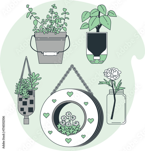Assortment of Potted Plants and Flowers in Decorative Containers and Jars Keywords: plants, potted, flowers, garden, greenery, leaves, growth, nature, home decor, interior, decoration, hanging