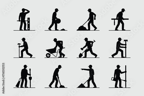 Black silhouettes of workers performing manual labor with tools construction