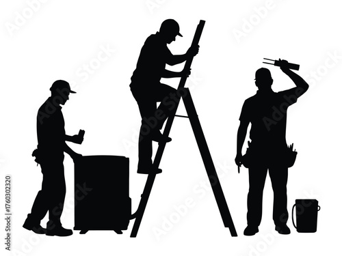 Black silhouettes of workers with ladder and equipment repair