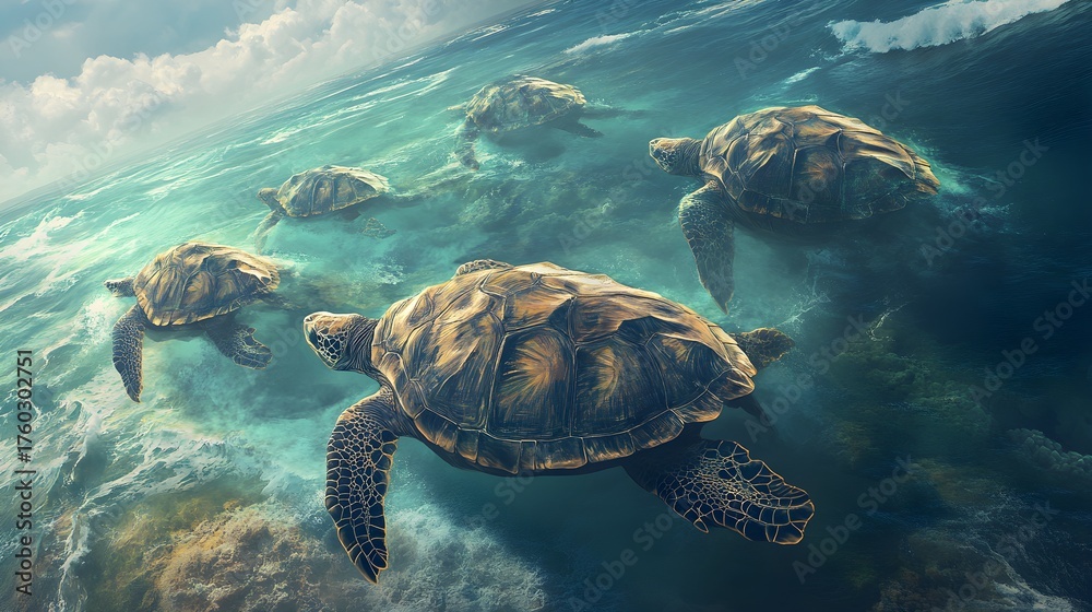Obraz premium Sea turtles gracefully swim together in the ocean's turquoise waters creating a serene marine scene perfect for nature and wildlife enthusiasts