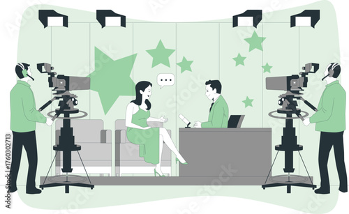 Television studio interview with two cameras and crew Keywords: television, studio, interview, broadcast, cameras, crew, host, guest, microphone, desk, chairs, lighting, stars, green, set, media