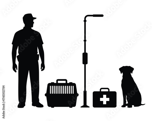 Black silhouettes person dog carrier first aid kit grooming pole vector