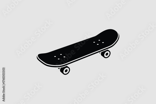 Black skateboard with white trim on light gray background wheels transportation