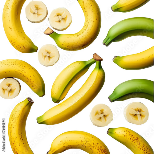 Arrangement of yellow and green bananas on a transparent black background