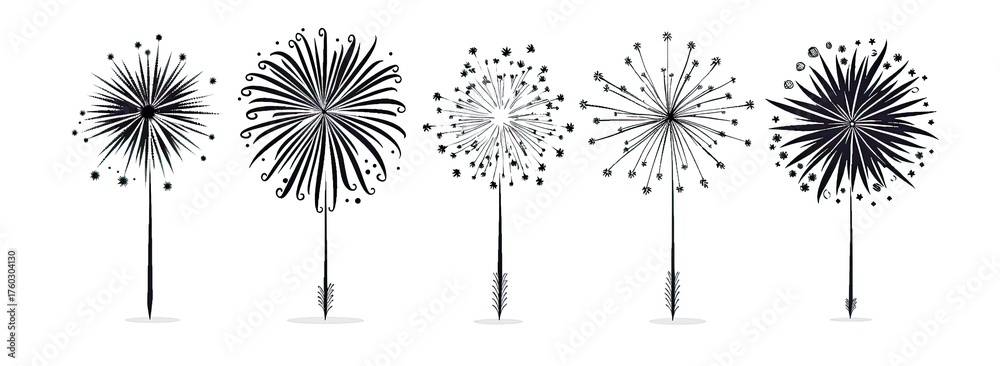 Obraz premium Hand Drawn Firework Icons Set Simple Black And White Dandelion Shapes On White Background Vector