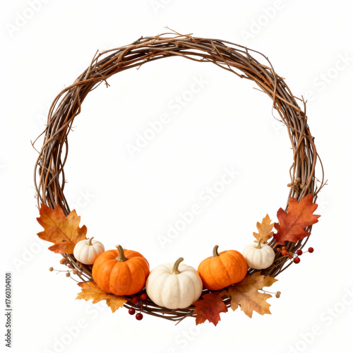 Festive autumn wreath with pumpkins and fall leaves isolated on white background for thanksgiving day