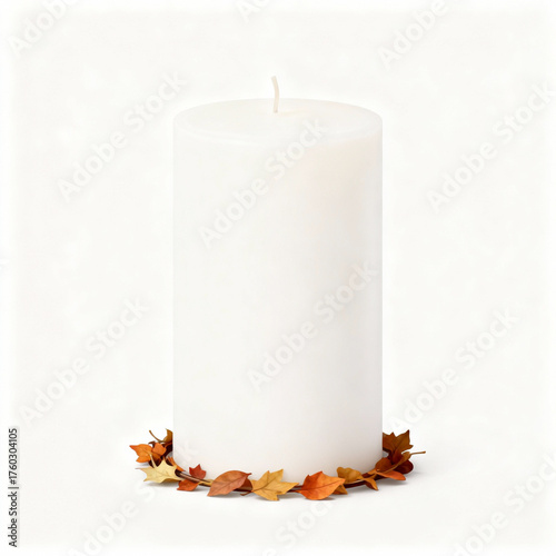 White pillar candle surrounded by autumn leaves isolated on white background for home decor and ambiance