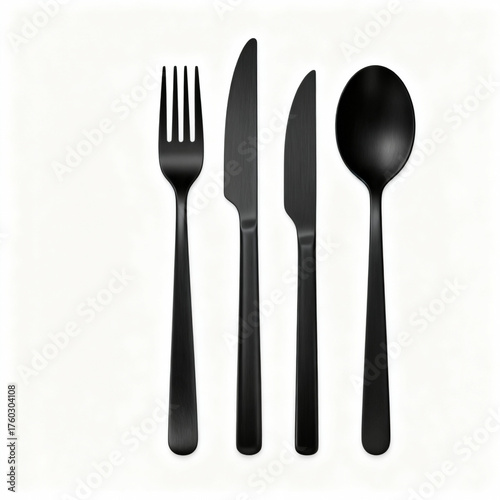 Black cutlery set isolated on white background for modern table setting and minimalist design concept