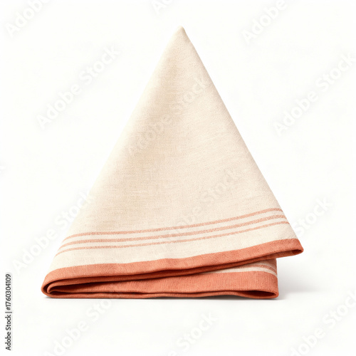 Folded beige linen napkin with orange stripes isolated on white background for table setting design