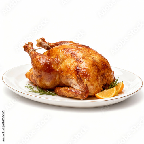 Roasted chicken on a platter isolated on white background, a delicious main course