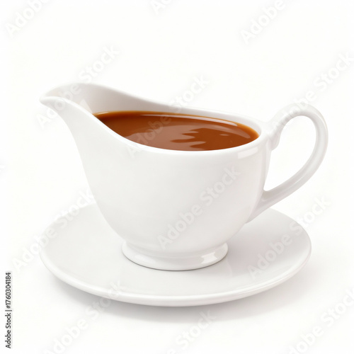 Delicious gravy in a white gravy boat isolated on white background for thanksgiving