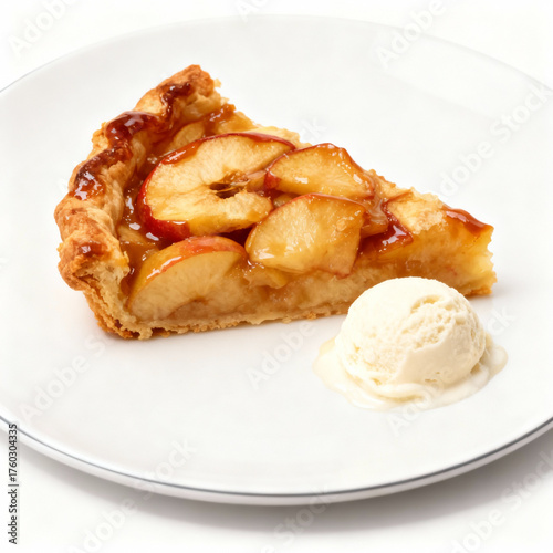 Slice of apple pie with ice cream isolated on white background is ready to eat