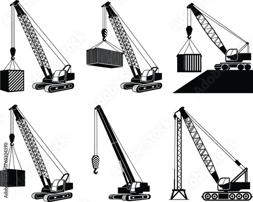 Construction Cranes Lifting Containers, Industrial and Engineering Illustrations