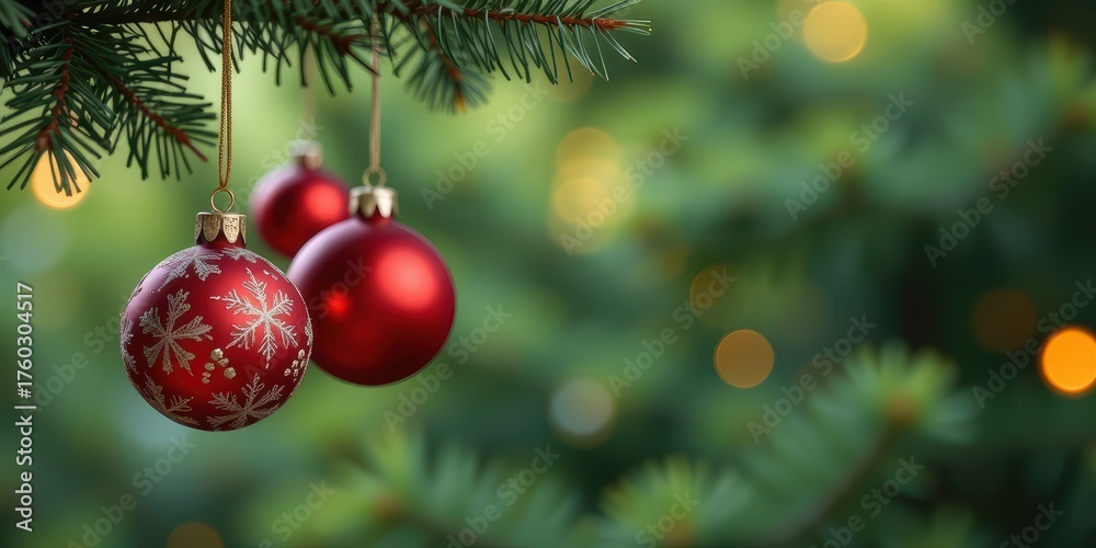 Obraz premium Festive red ornaments hanging from a Christmas tree branch with a blurred green background.