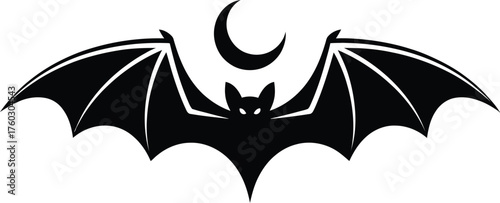 Black And White Bat With Crescent Moon Halloween Illustration
