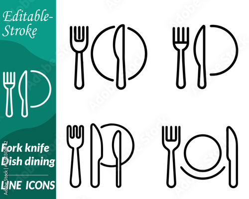 Fork knife dish dining set line icon. Designed with smooth balanced lines and consistent stroke. width to express elegance hospitality and culinary culture. Ideal for use in restaurant branding cafe.