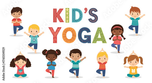 Engaging Kids Yoga Graphic with Cheerful Cartoon Children Poses for Health & Wellness