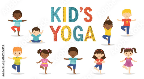 Kid's Yoga Poses Illustration Diverse Children Practicing Asanas for Wellness