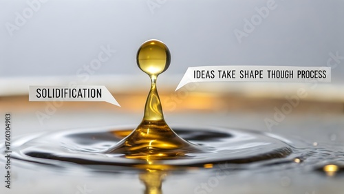 Golden liquid droplet creating abstract shape on water surface